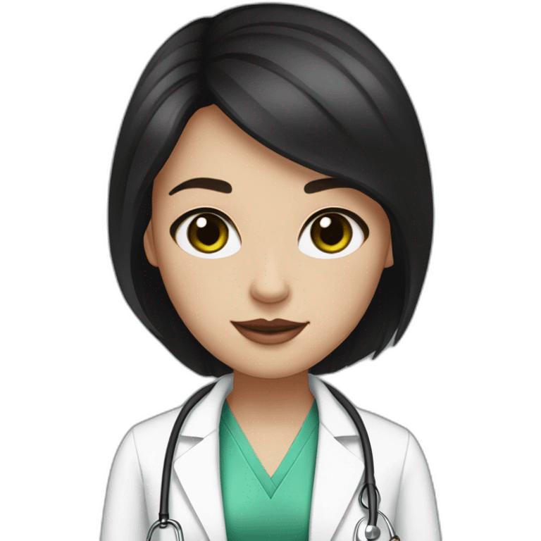 doctor, black hair, girl, white skin, straight hair, freckles, green-brown eyes, pink lips emoji