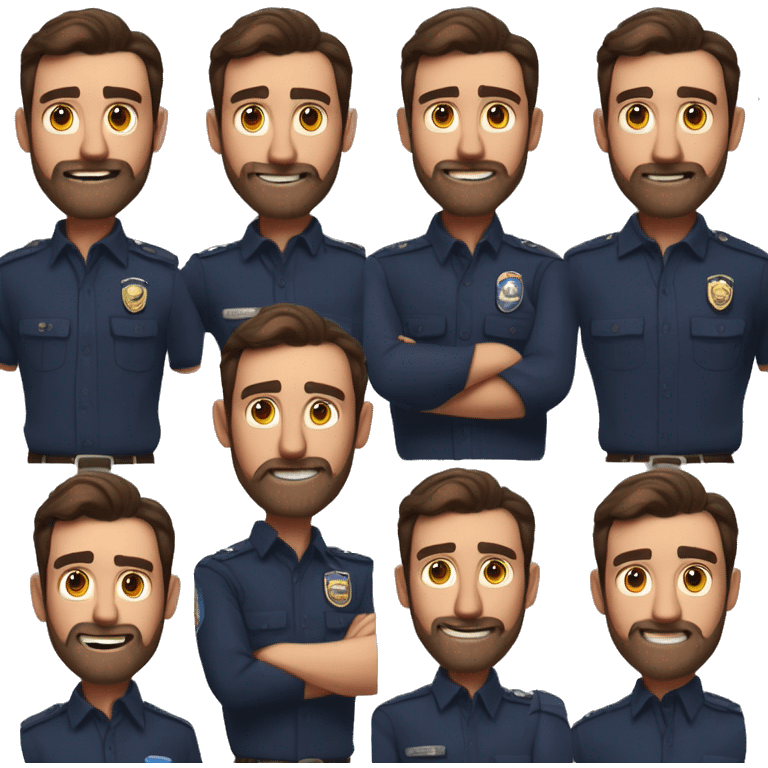 man with dark hair, brown eyes, wearing a navy blue dress shirt, with a short beard, who works as a security chief, wearing brown pants and black boots, happy in many ways, realistic pixar style 8k emoji