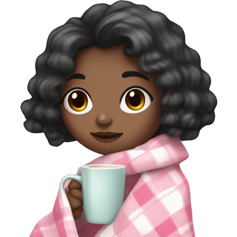 A cute black hair girl wrapped in pastel pink plaid blanket drinking coffee emoji