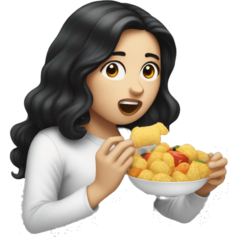 Long black haired white skin girl putting food in her mouth emoji