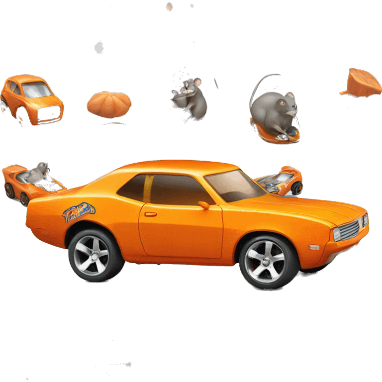 orange hot wheels car with a rat driving it emoji