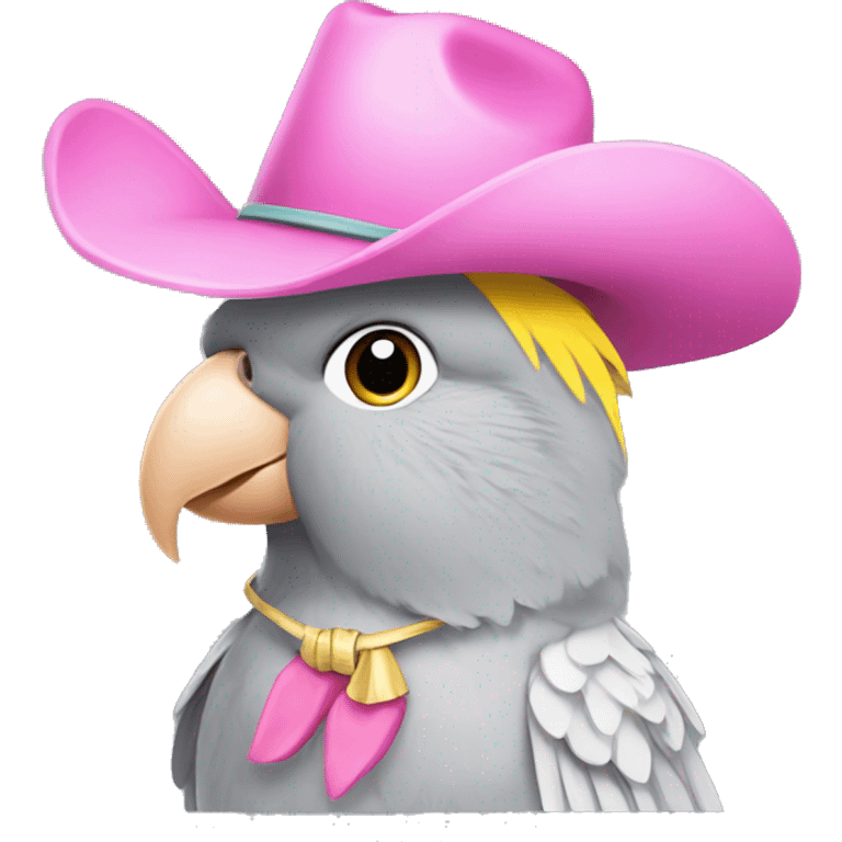 Grey cockatiel with a pink cowgirl hat emoji