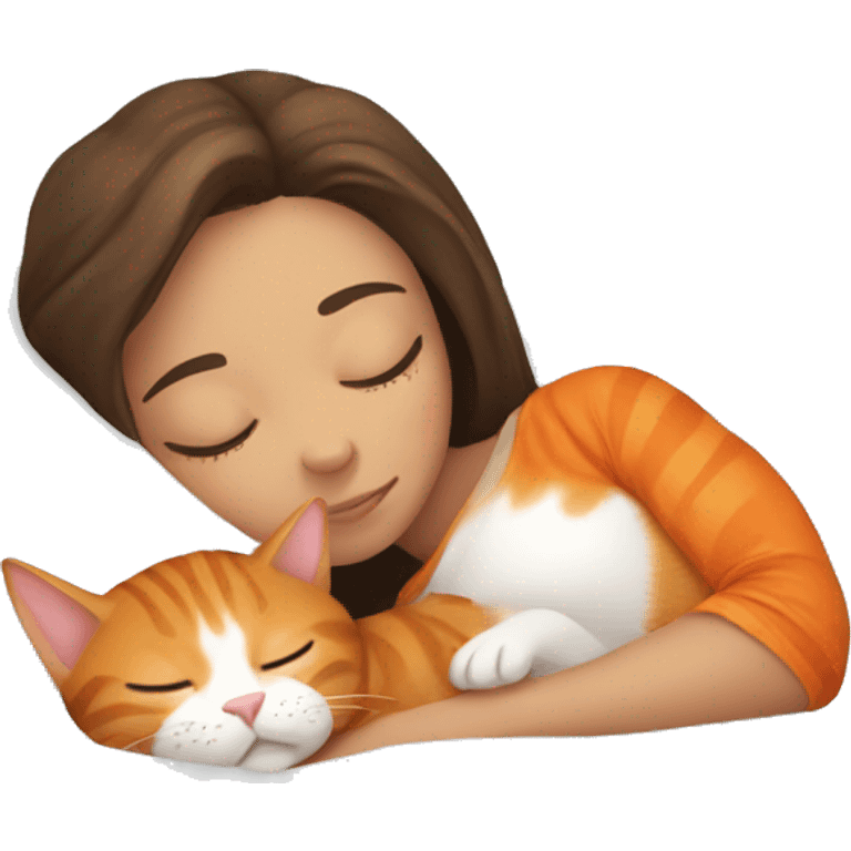 brunette girl sleeping with orange tabby cat  emoji