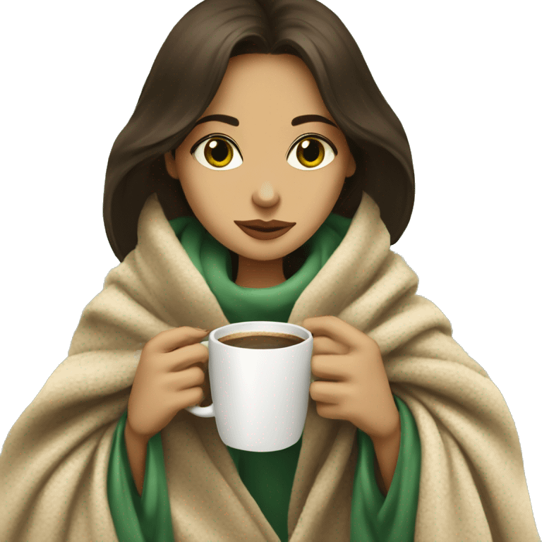 Brune girl inside a blanket beige  sipping coffee starbacs  eyes green emoji