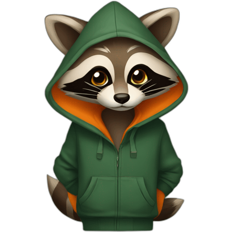 brown raccoon with orange eyes and a dark green hood that is smiling emoji