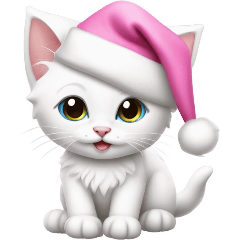 Cute White kitten wearing pink Santa hat and pink Santa clothes emoji