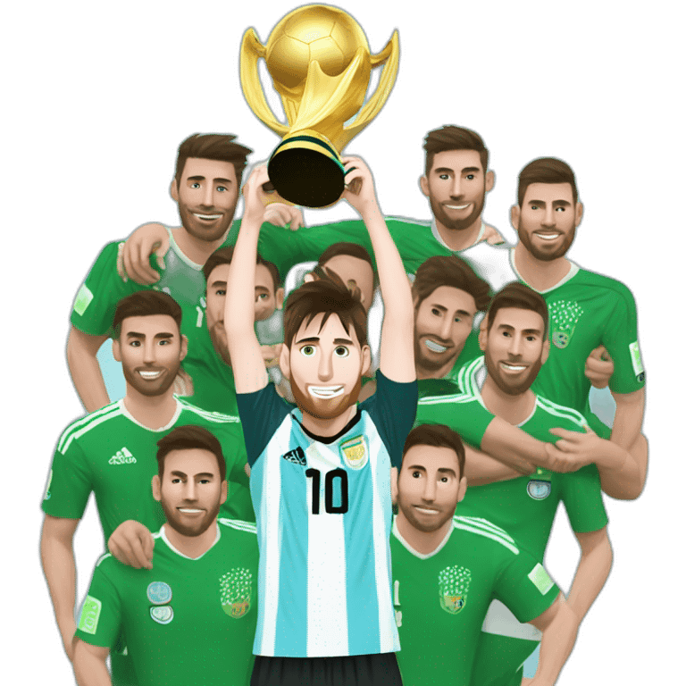 Messi holding world cup in argentine shirt on his teammates shoulders wearing a saudi vest emoji