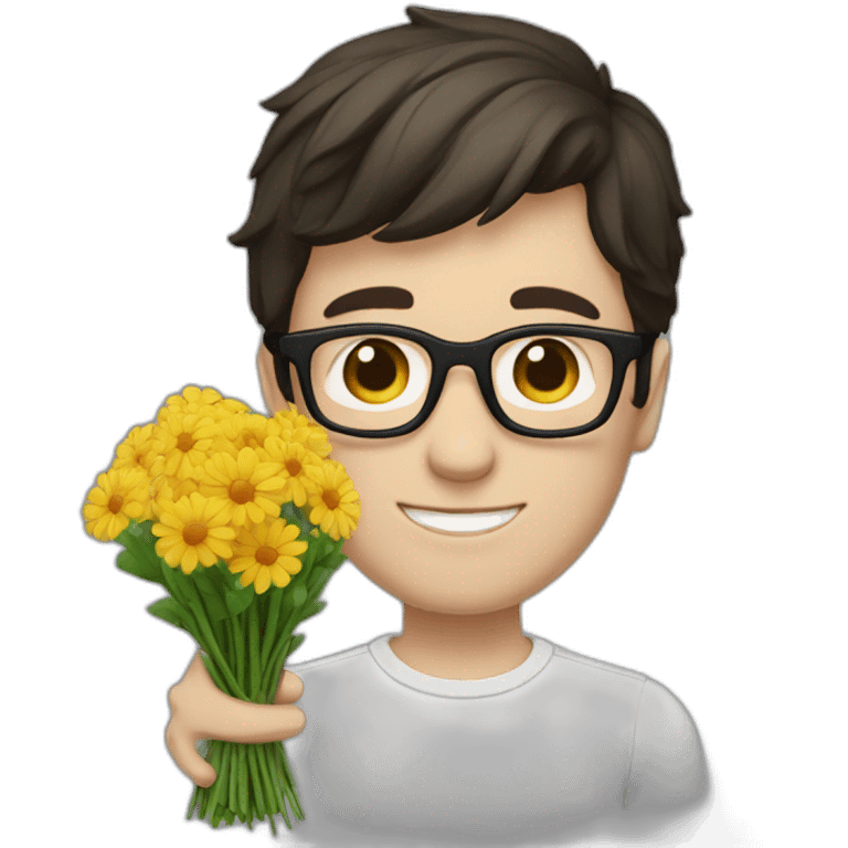 white skin guy with dark hair and glasses gives a bouquet of flowers emoji