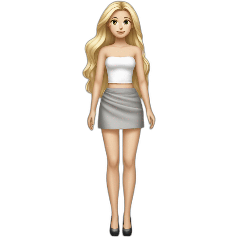 hyperrealist caucasian long hair blonde brown eyes strapless white top gray tight mini skirt black shoes complete body emoji