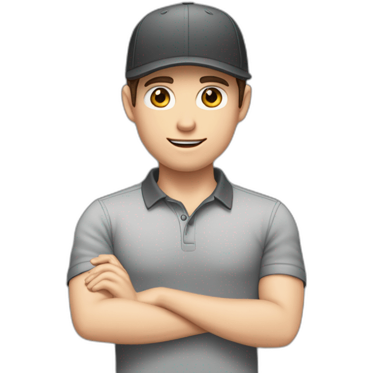 Pale skinned fit Man with dark brown hair in a black cap, gray jeans and dark gray polo T-shirt keeping a pasted with tape white box into his hands emoji