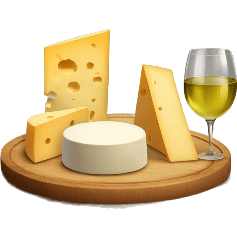 Wooden plate with different types of cheese and a glass filled with white wine  eat the plate  emoji