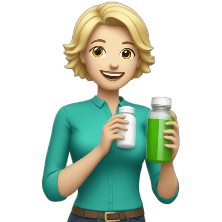 Happy blonde Mom holding pill bottle, short hair, teal shirt emoji