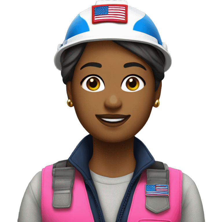 Wearing a patriotic dress with a neon pink safety vest, hard hat and ear muffs with a patriotic patch on her vest. The background image is of the patriotic flag  emoji