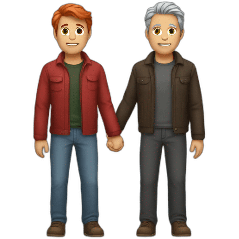 Dark grey hair man holding hand red hair man emoji