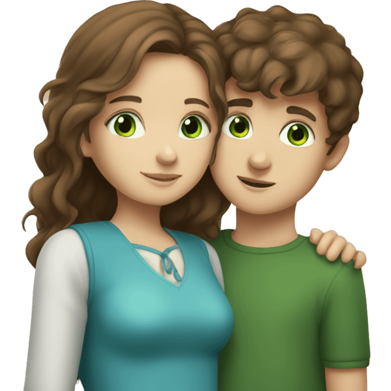 girl with brown hair and blue eyes hugging a boy with brown hair and green eyes  emoji