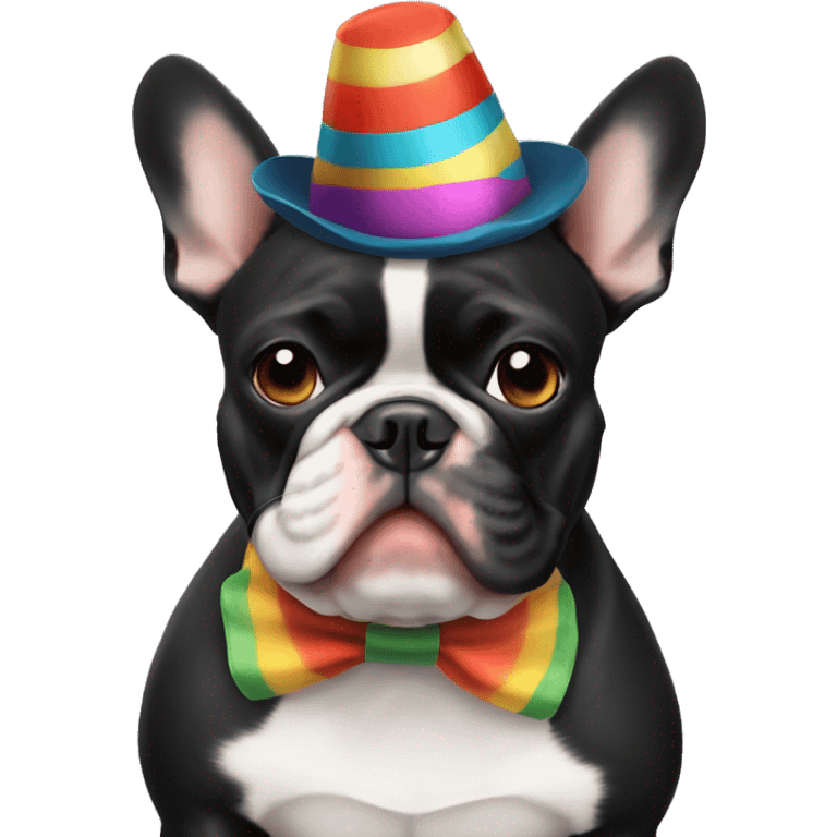 Black-and-tan French bulldog wearing a clown hat emoji