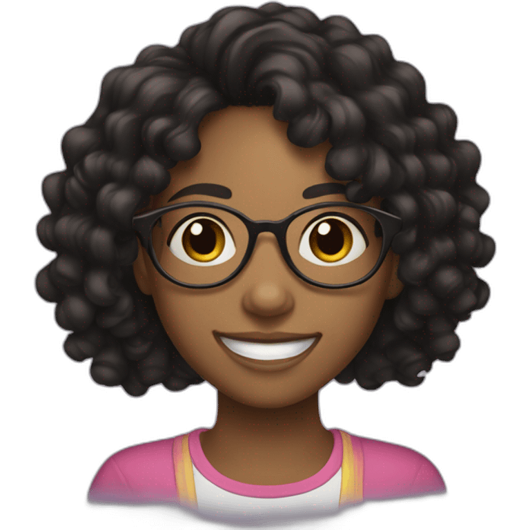 smiling black teenager girl with long black curly hair and round glasses emoji