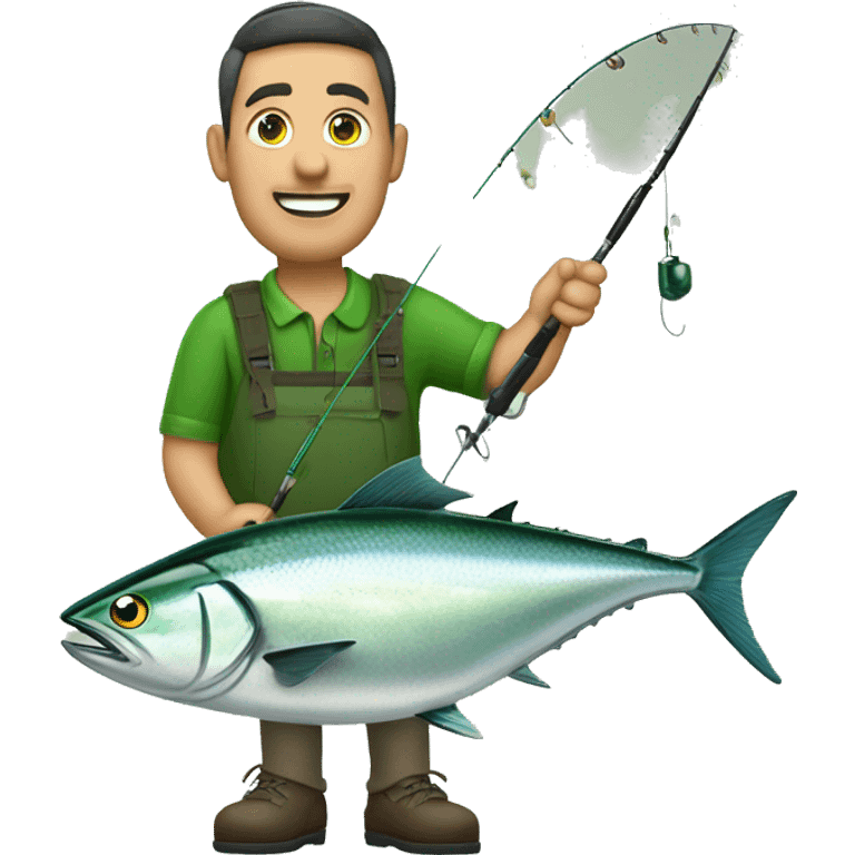 husband holding fishing rod with green fishing line hooked tuna emoji