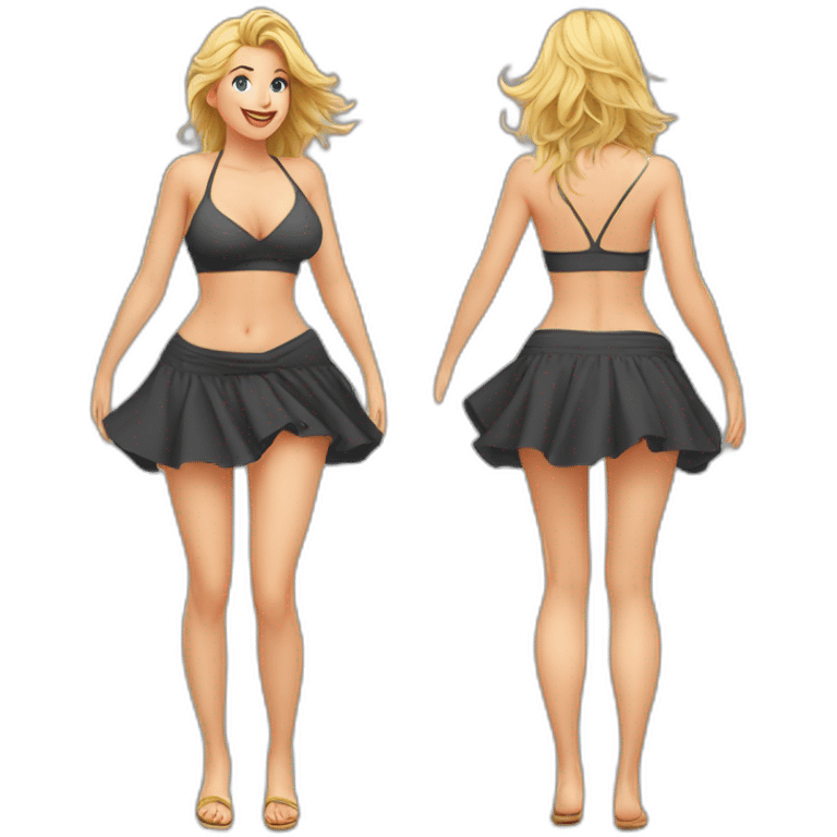 full body back view curvy caucasian-beauty-in small skirt lifted by the wind bikini emoji