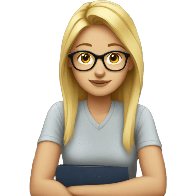 Blonde girl wearing glasses sitting surrounded by books  emoji