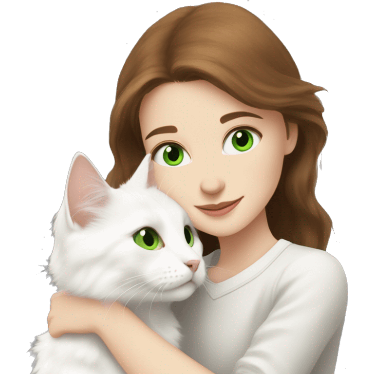 brown-haired girl with gray eyes hugs a white Turkish Angora cat with green eyes emoji