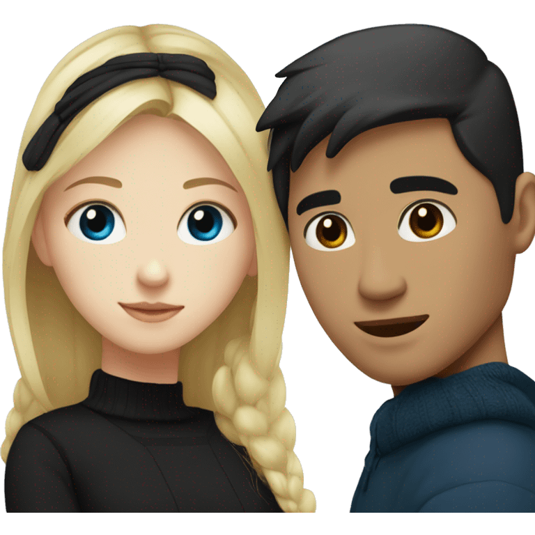 Blonde girl with blue eyes in black sweater and an east asian man with black hair and black eyes hugging emoji