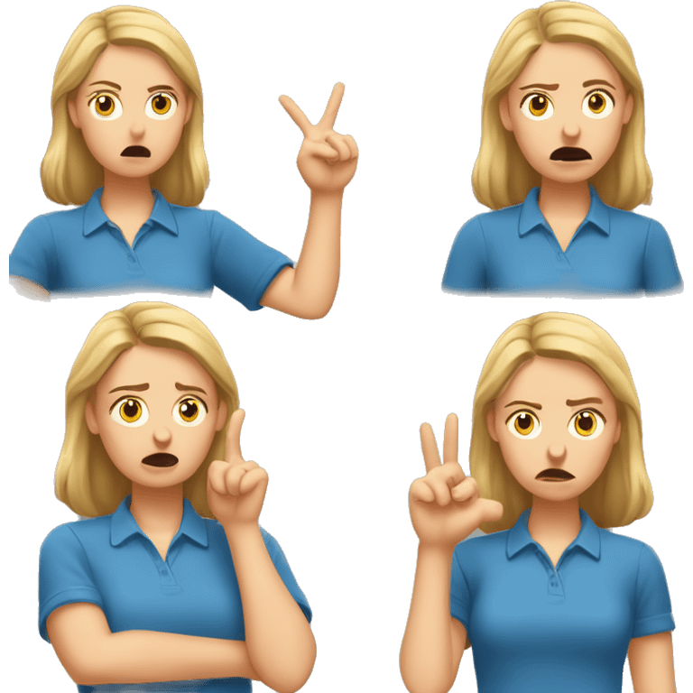 A white girl with an important face brings with two hands with an outstretched index finger to her nose, dissatisfied, one hand showing, blue shirt emoji