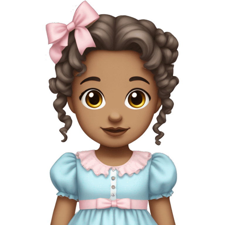 toddler girl with brown eyes and brown curly hair in two pigtails wearing a baby pink lolita dress with baby blue hair bows emoji