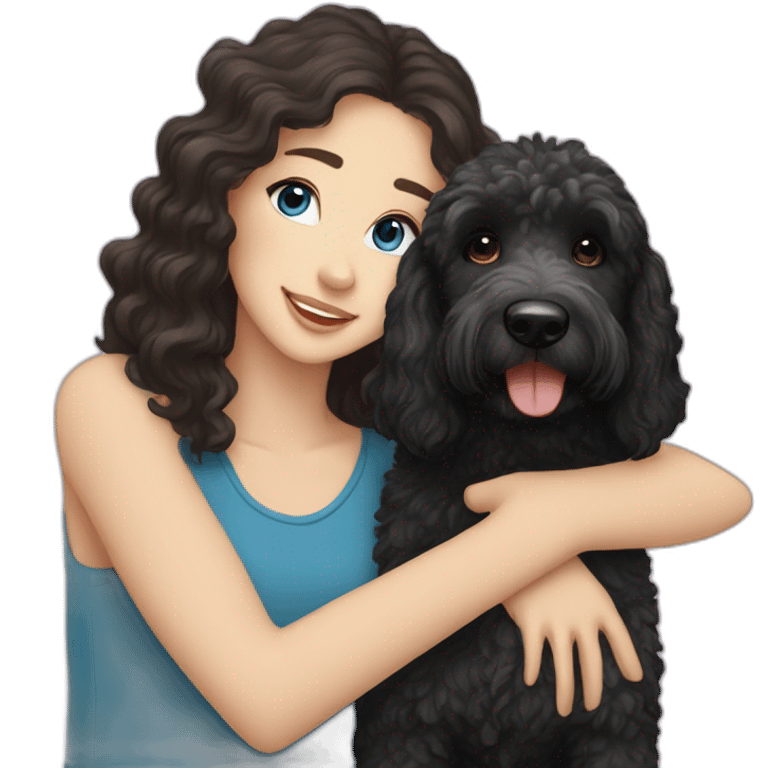 A black golden doodle and a white girl with black hair and blue eyes emoji