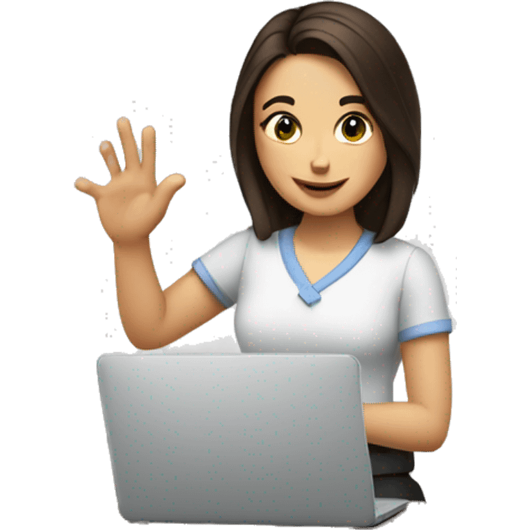 The girl is a brunette, in the hands of documents, she is at work at a laptop, makes a gesture with her hand ok emoji