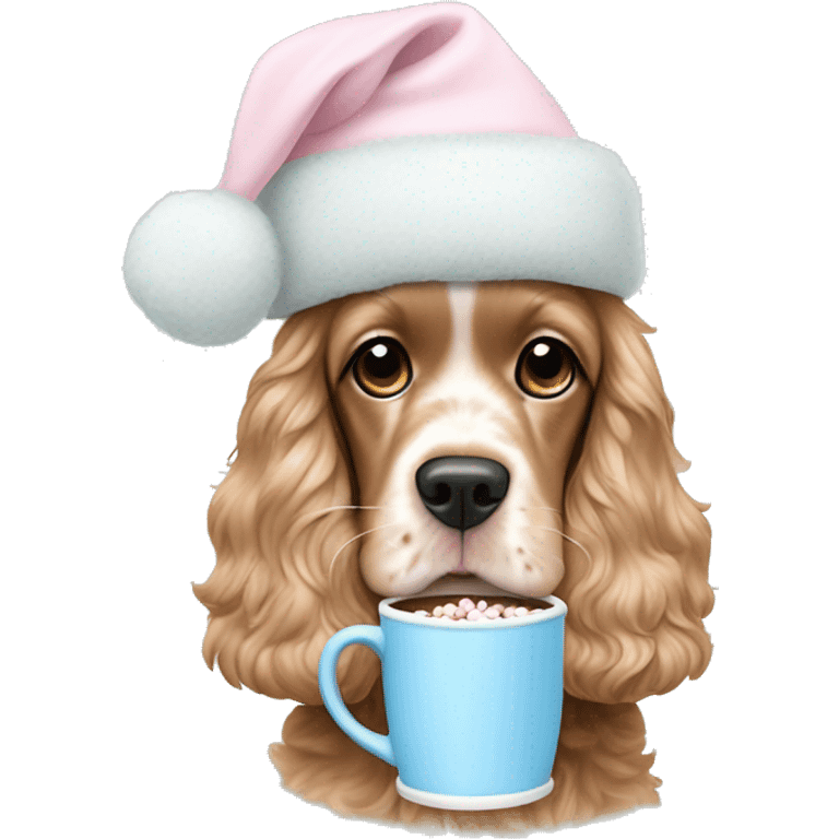 cocker spaniel in a soft pink christmas hat sipping hot cocoa in a baby blue mug with marshmallows  emoji