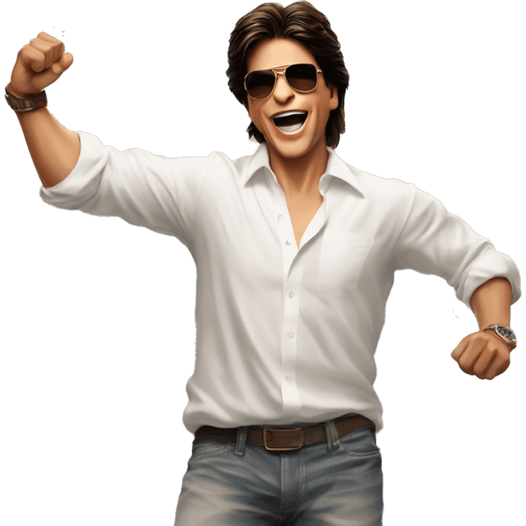 Shah Rukh Khan's iconic pose is often associated with him standing tall with his arms wide open, palms facing up, usually with a charismatic smile. emoji