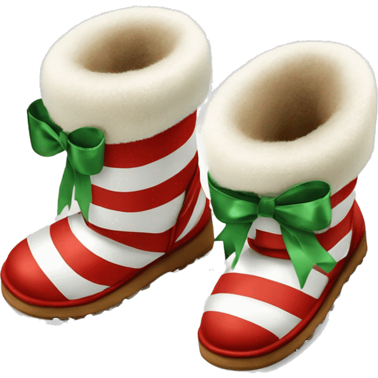 Realistic red and white striped fur Ugg boots with green silk ribbon bows isolated.  emoji