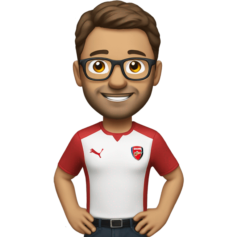 man mid 30 age arsenal shirt glasses short brown hair celebrating emoji