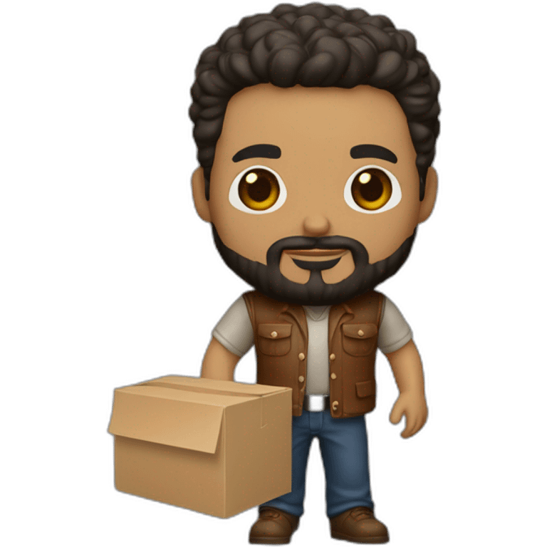 Un funko de un hombre hispano con barba y con la caja de envoltorio emoji