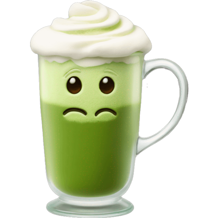 Matcha latte foam art in glass mug emoji