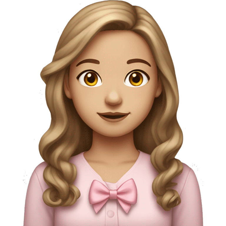 headshot of a light-skinned girl with long brown hair wearing a light-pink bow on her hair emoji