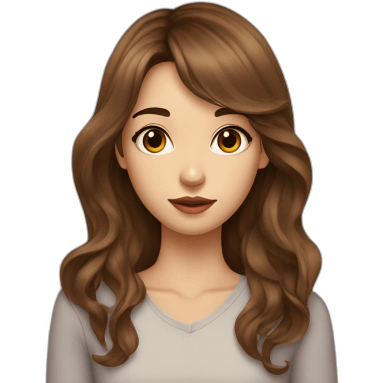 long wavy brown hair skinny girl with long side bangs, thin face and makeup from head to chest emoji