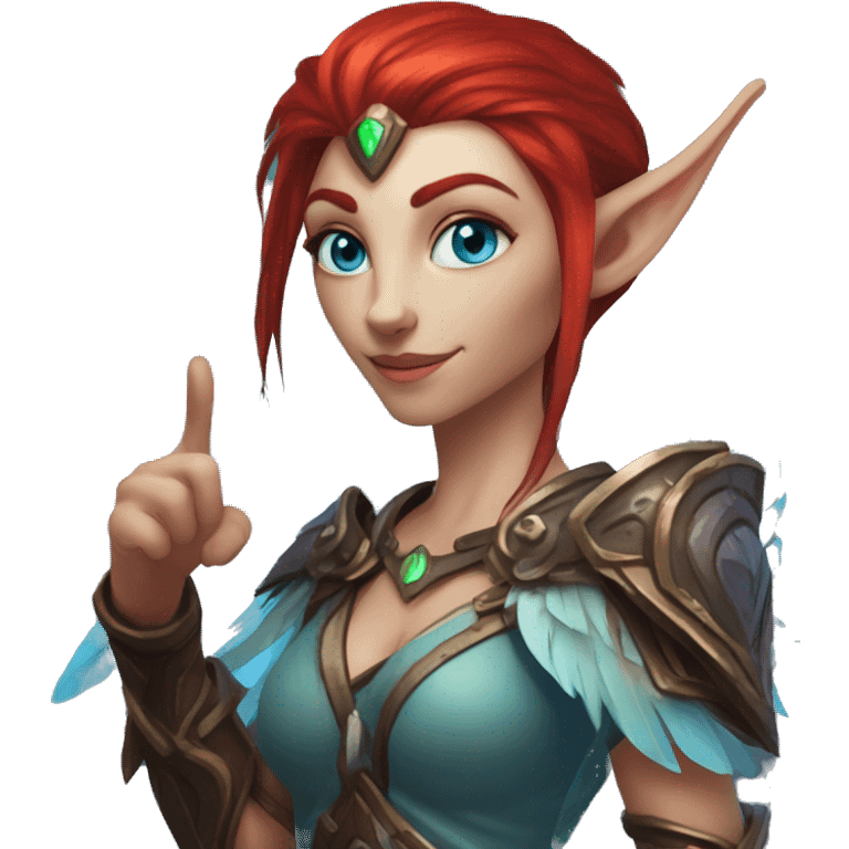 Night Elf Female with red hair, angular feathers, glowing blue eyes with no iris or sclera, thumbs up emoji