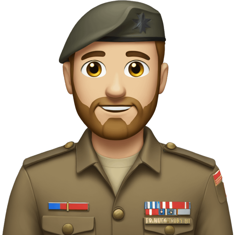 Blue eyed man, brown hair, beard, dressed in soldier uniform  emoji