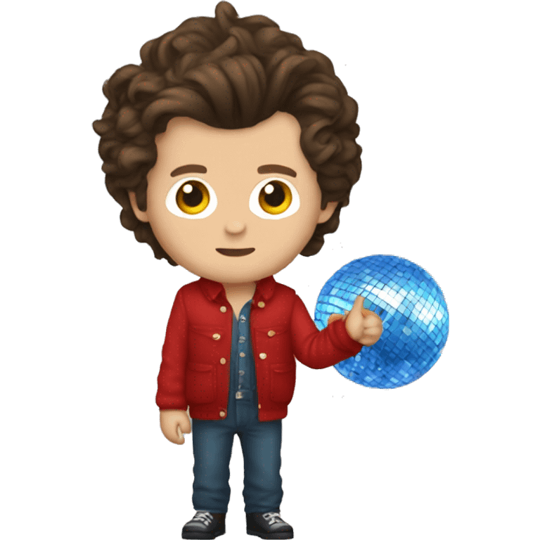 harry styles with a red overall and a disco ball emoji