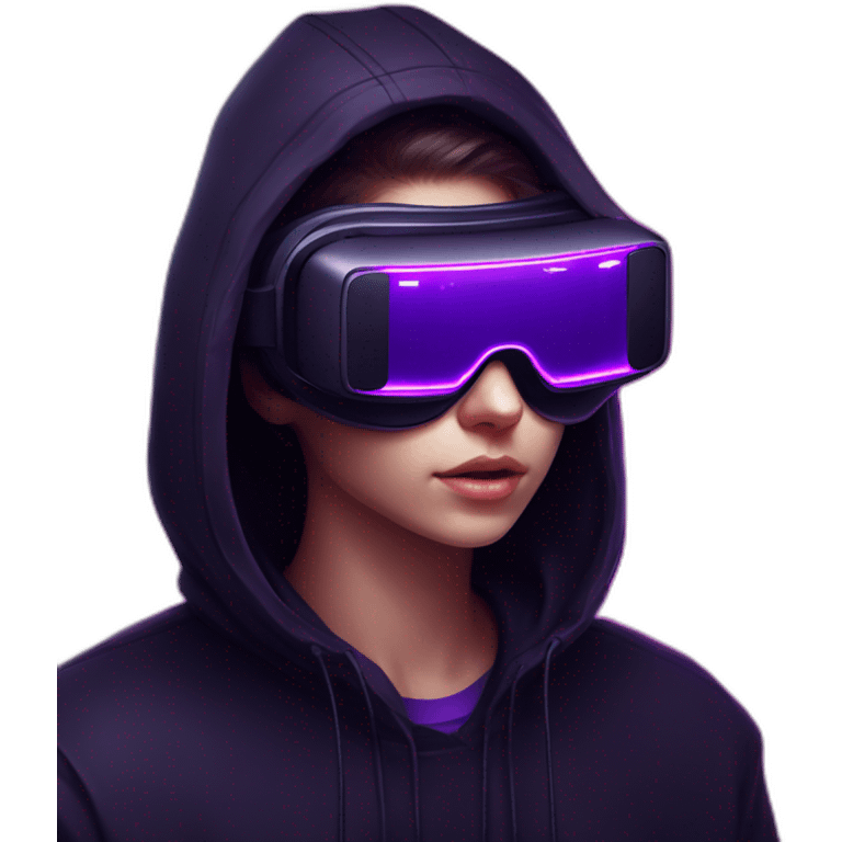 Russian student in the black hoody with violet letters "OMG VR" on it wearing vr headset. Cyberpunk style. Violet neon. emoji