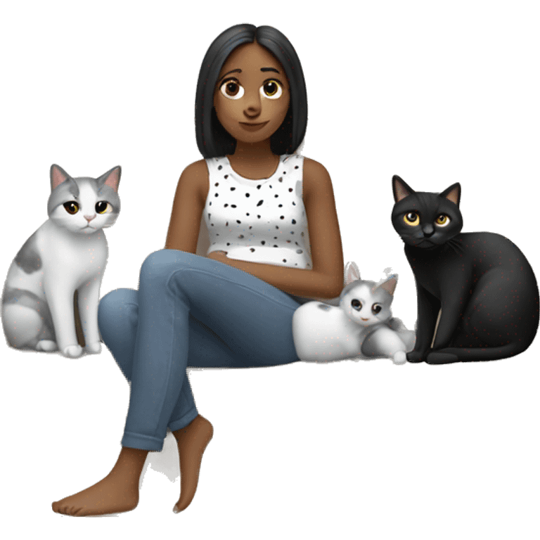 A girl chilling in the sofa with two cats one black and the other white with gray spots emoji