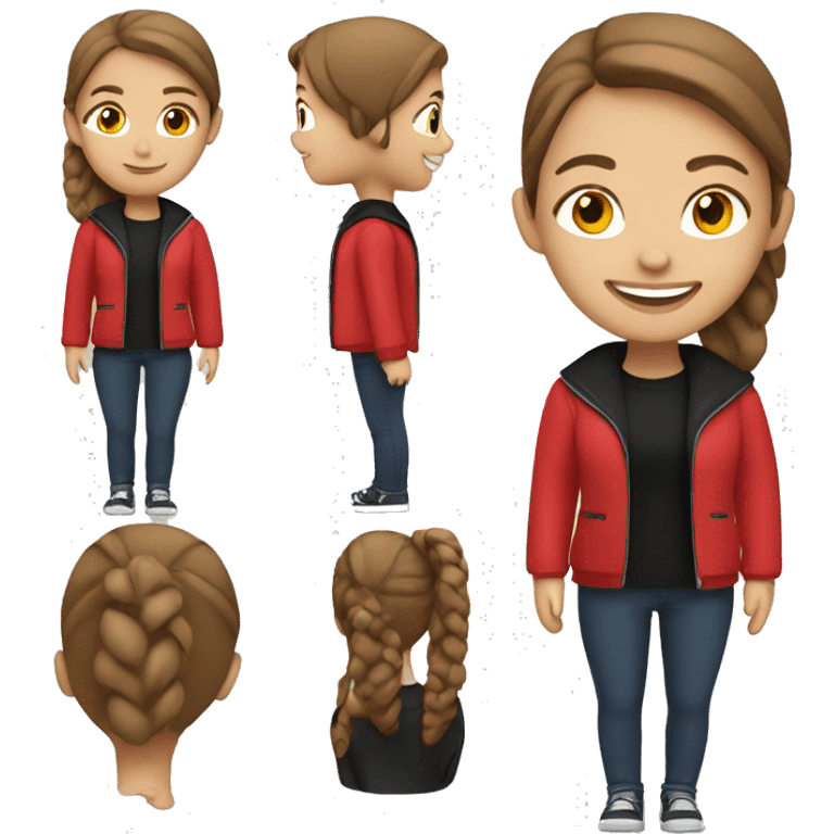 Brown hair ponytail girl with red jacket and black shirt smiling emoji