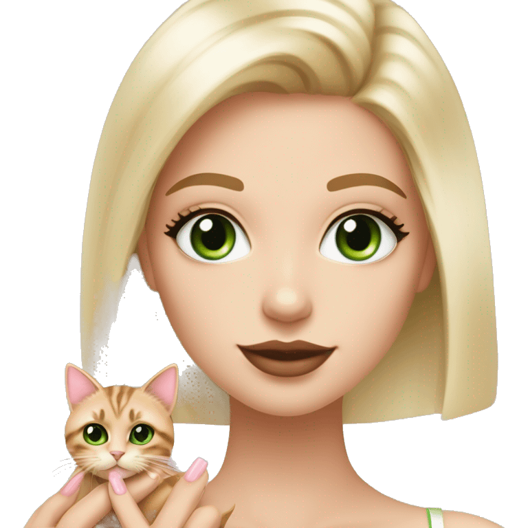 A girl with green eyes and blonde straight hair, and makeup nude lipstick  and eyelashes, oval light pink fingernails ,white top, holding a tortoiseshell cat with green eyes emoji