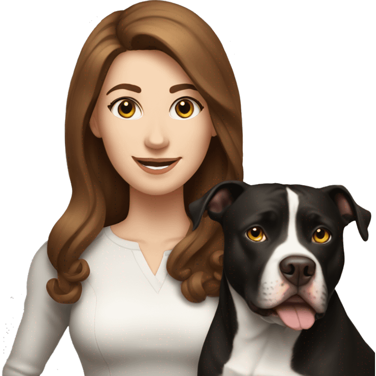 white woman with long brown hair and cat shaped eyes standing alongside a happy black pitbull  emoji