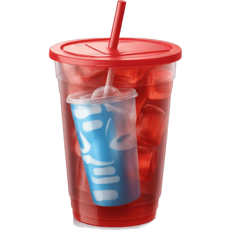 Realistic plastic cup and lid with Transluscent red soda and large ice cubes inside and one straw through the top of the lid. emoji