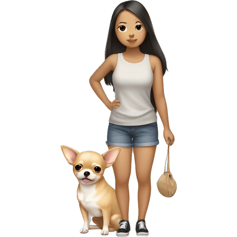 Asain girl hold Light tan very fat chihuahua  emoji