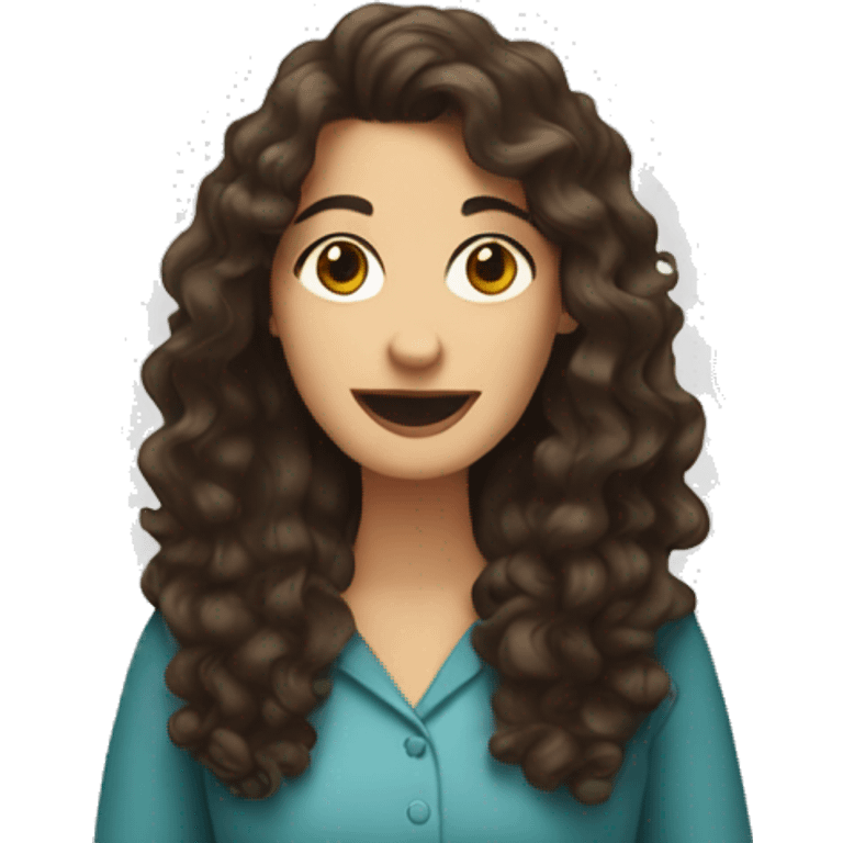 White woman with long dark brown curly hair baking emoji