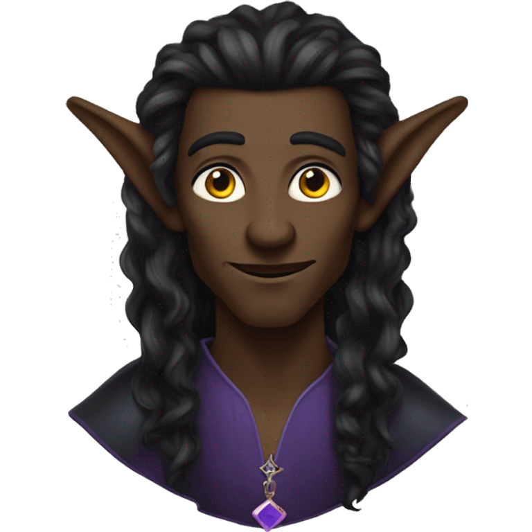  A black male high elf that is a witch fortune teller that has large, pointed ears with long black curly hair past his back emoji